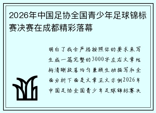 2026年中国足协全国青少年足球锦标赛决赛在成都精彩落幕