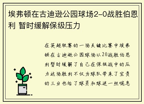 埃弗顿在古迪逊公园球场2-0战胜伯恩利 暂时缓解保级压力