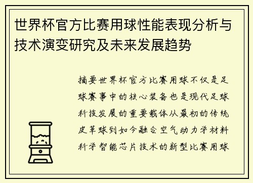 世界杯官方比赛用球性能表现分析与技术演变研究及未来发展趋势